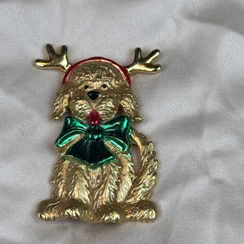 AJC‎ Gold Tone Christmas Dog Brooch Pin Antlers Green Bow Signed Vintage